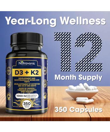 New! 350 Vegan Capsules of Vitamin D3 K2 High Potency 1000 IU D3 (25 mcg) / 120 mcg K2 (MK-7) - Year Long Supply Vitamin D - Helps Maintain Bone & Teeth Health - Formulated With MK-7 Natto Bean For Best Results - Immune System Support Vegan - Made In Cana - Buy Online on SooperMarket.com