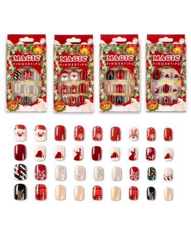 Noverlife 96PCS Winter Holiday Press on False Nails Short Squoval Fake Nails with Nail Glue Tab, Festival Square Oval Artificial Fingernails Acrylic Nail Tips, New Year Nail Art Decor for Women Girls Squoval Shape