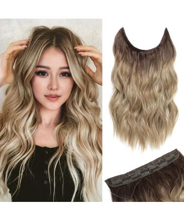 One piece Invisible Wire Hair Extensions Clip in Natural Wavy Synthetic Hair Extension with Transparent Wire Adjustable Size 2 Secure Clips Headband Long Curly Secret Hair Pieces for Women 20inch Ombre Dirty Blonde with Dark Root