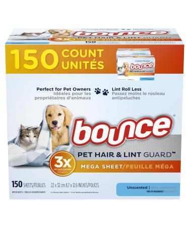 Bounce Pet Hair and Lint Guard Mega Fabric Softener Dryer Sheets with 3X Pet Hair Fighters, Unscented, 150 Count