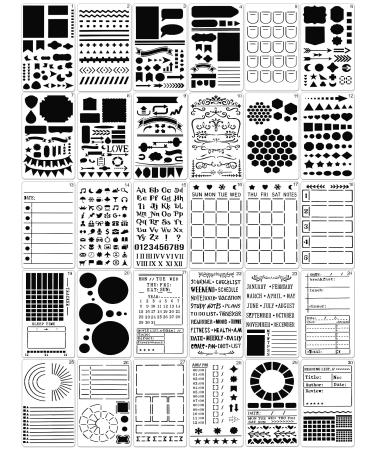 30 Pcs Journal Stencils Planner Stencils Plastic Ultimate Productivity Dot Journal Stencils DIY Drawing Templates Set for Journal Notebook Scrapbook Christmas Cards Decor, 4 x 7 Inch (Stylish Style)