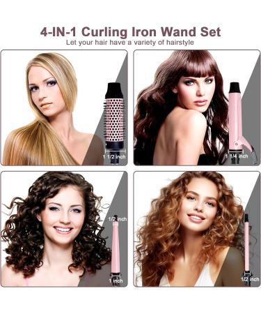 SIQUER 4 in 1 Curling Wand Set - Versatile Beach Waves Curler with Instant Heat 1/2 to 1 1/2 Inch Pink - Ideal for Women | International Shipping Available - Buy Online on SooperMarket.com
