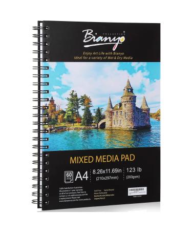 Bianyo Mixed Media Paper Pad, A4 (8.26" X 11.69"), 60 Sheets/Each, 123 LB/200 GSM, Pack of 1 Pad, Spiral-Bound Pad, Ideal for Wet & Dry Media Like Art Marker, Watercolor, Acrylic, Pastel, Pencil A4(8.26*11.69"), 60 sheets