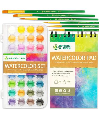 Norberg & Linden Watercolor Paint Set - 36 Premium Paints - 12 Page Pad - 6 Brushes - Painting Supplies with Palette  Watercolors  Art Pad Paper and Artist Brushes MD