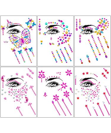Face Gems for Festivals 6 Sheets Eye Gems for Face Body Face Stickers Jewels for Women and Girls Self-Adhesive Star Face Gems Butterfly Face Gems Rhinestones Face Jewels for Makeup Festival Half Face