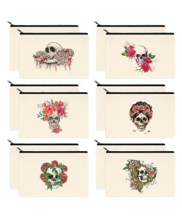 PARBEE Sugar Skull Makeup Bag, 12PCS Canvas Cosmetic Pouch Zipper Toiletry Bags Dia de los Muertos Skulls and Roses Day of the Dead Multi-purpose Organizers