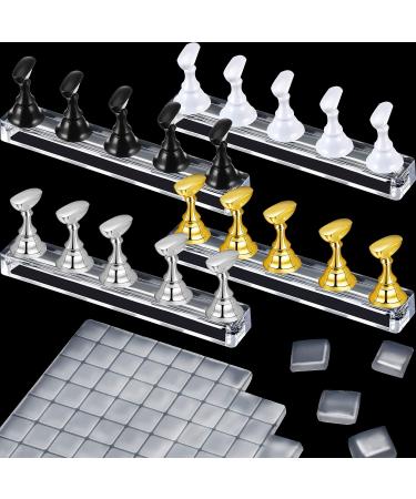 4 Set Nail Tips Holders Magnetic Acrylic Nail Practice Stands Fingernail Display Stands Manicure Training Holder and 126 Pieces Clear Reusable Sticky Clay Adhesive Putty (Gold Silver Black White)