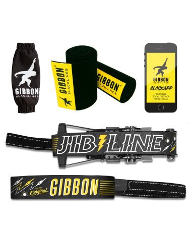 Gibbon Slacklines Jibline with treewear, Black, jumpline, trickline, Advanced, incl. Ratchet Protection and Ratchet with Safety Lock, 2X treewear (Black Felt with Velcro), Perfect Leisure Activity