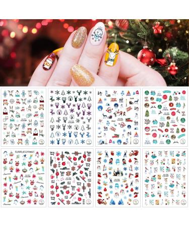 Kalolary 8 Sheets Christmas Nail Art Stickers Ultralight 3D Self-Adhesive Snowflake Santa Reindeer Socks Clause Nail Decals for Women Girls Kids Christmas Parties Nail Art Decoration