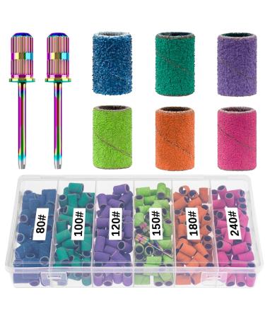 Rolybag Sanding Bands for Nail Drill 240 Pieces 3 Color Coarse Fine Grit Efile Sand Set 80#120#180#240# 2 Pieces 3/32 Inch Nail Drill Bits for Manicures and Pedicures (302 Piece Set)