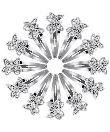 12 Pieces Butterfly Snap Clips for Hair Silver Rhinestone Hair Clips Glitter Jeweled Barrettes Metal Hair Pins Hair Snaps for Women Shining Hair Barrette Hairpins Hair Accessories for Girls Wedding