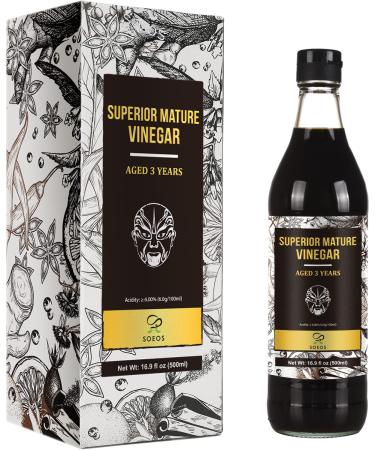 Soeos Chinkiang Vinegar 16.9 fl oz (500ml), 3 Years Aged, Naturally Fermented, Mature Aged Black Vinegar, Chinese Black Vinegar, Zhenjiang Vinegar, Black Rice Vinegar, Black Vinegar Chinese. 16.9 Fl Oz (Pack of 1)