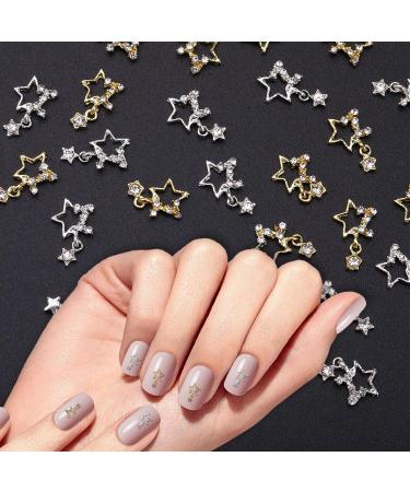 Lusofie 30Pcs 3D Star Rhinestone Nail Charms - Silver & Gold Alloy Star Gems for Nail Designs - DIY Nail Accessories - Buy Online on SooperMarket.com