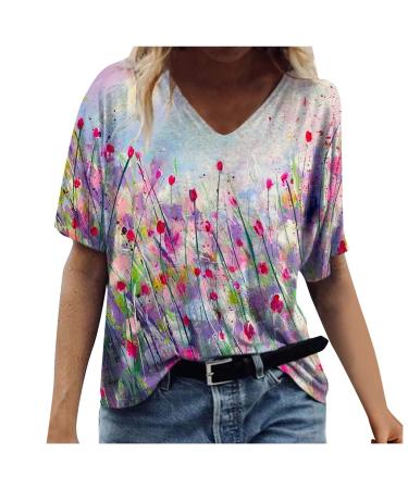 V Neck T Shirts for Women 2023 Summer,Womens Casual Short Sleeve Floral Print Tee T-Shirts Loose Fit Graphic Tops Women Tops and Blouses - 1-purple Large