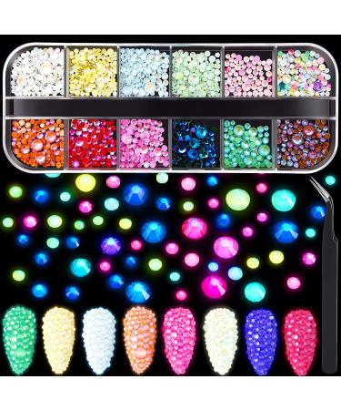 1440 Pieces Luminous Rhinestones Neon Color Fluorescent Crystal Rhinestones Flatback Round Rhinestones 3D Nail Decoration Charms with Tweezers, Mixed Size 12 Colors for Nail Design Accessories