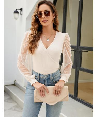Fayenne Womens Tops Deep V Neck Cross Wrap Sexy Tops Polka Dot Mesh Long Sleeve T Shirt Casual Blouses S Beige - Buy Online on SooperMarket.com