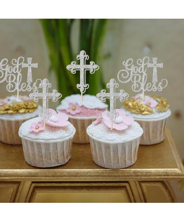 Rsstarxi 24 Pack Baptism Cupcake Toppers First Communion Cupcake Toppers Glitter Cross God Bless Cupcake Picks for Baby Shower Christian Baptism Party Cake Decorations Silver - Buy Online on SooperMarket.com