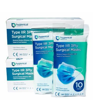 Hygienical - UK Brand - 3PLY Type IIR - Medical Grade - Premium Surgical Face Masks - BFE 99%+ Travel Ready 5x10 Sachets - High Filtration - Breathable Masks - EN14683:2019+AC - CE Certified