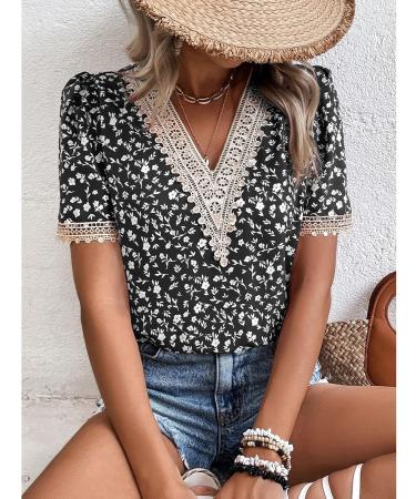Naroote Womens Blouse Easy Matching Womens T Shirt Casual Lace Stitching Casual V-Neck for Beach XX-Large Black - Buy Online on SooperMarket.com