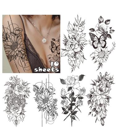 Cerlaza Temporary Tattoos for Women Adults  Fake Flower Tatuajes Temporales Semi Permanent Half Arm Sleeve Tattoos  Long Lasting Realistic Flower Leg makeup Waterproof Tattoos Stickers