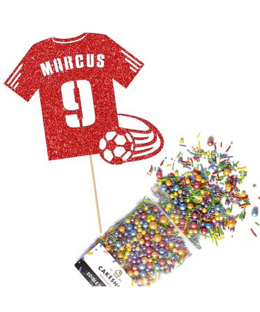 Cakeshop Cake Decoration Pack | Football Shirt Birthday Premium Double Sided Glitter Card Cake Topper & 25g Party Pack of Cake Sugar Sprinkles | Custom Name & Age Cake Decoration (Red) Non-Prime Glitter Card: Red