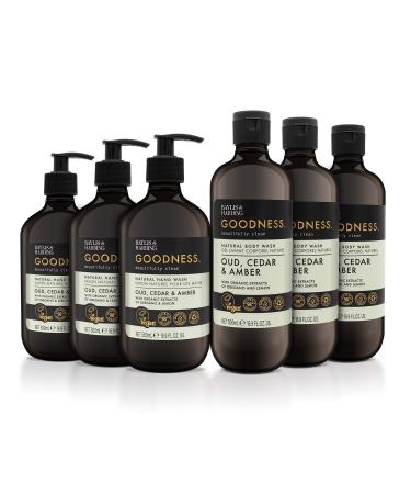 Baylis & Harding Goodness Oud Cedar & Amber Toiletries Bundle: 3 x 500 ml Hand Wash & 3 x 500 ml Body Wash (6 bottles) - Vegan Friendly Oud Cedar & Amber Body Wash Bundle