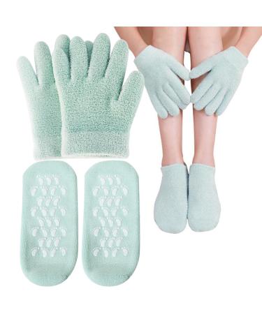 2 pairs of moisturizing gel socks with gel gloves for repair softening cracked feet reusable footlick remove socks for cornea women spa foot care (green)