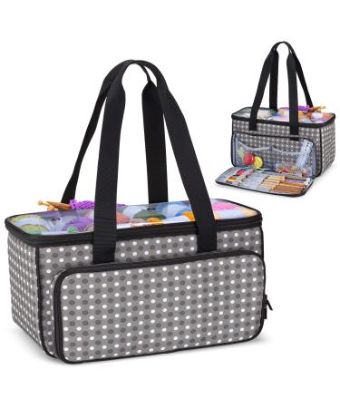 YARWO Knitting Yarn Bag, Crochet Tote with Pocket for WIP Projects, Knitting Needles(Up to 14) and Skeins of Yarn, Gray Dots (Bag Only)