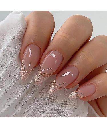 MISUD Almond Press on Nails Medium Stiletto Fake Nails Glossy Glue on Nails Chrome Acrylic Nails Bling Aurora French Tip Artificial Nails Gold Swirl False Nails with Pearl Flash Design 24 pcs 021A06Nude Pink