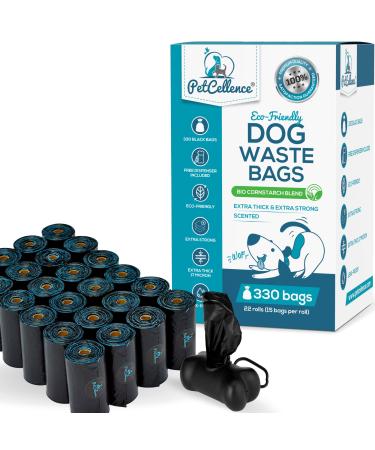 PetCellence Biodegradable Dog Poo Bags - 330 Poop Bags / 22 Rolls - Cornstarch Blend Extra Thick & Strong 100% Leak Proof with Poo Bag Dispenser Black 330 count (Pack of 1)