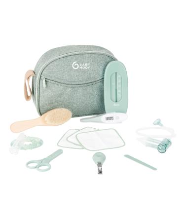 Babymoov Eco-friendly Baby Grooming Kit Made of Recycled Polyester 10 Baby Care Essentials Including Wooden Brush Reusable Cotton Wipes Digital Thermometer Bath Thermometer Green Eco design