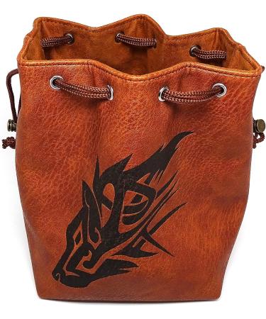 Brown Leather Lite Large Dice Bag with Wolf Design - Holds 400 16mm Polyhedral Dice - Stands Up, Faux Leather Exterior, Lined Interior - Buy Online on SooperMarket.com