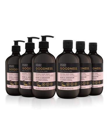 Baylis & Harding Goodness Rose & Geranium Toiletries Bundle: 3 x 500 ml Hand Wash & 3 x 500 ml Bath Soak (6 bottles) - Vegan Friendly Rose & Geranium Hand & Bath Bundle