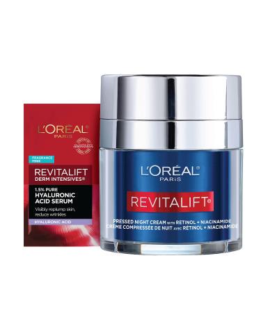 L'Oreal Paris Revitalift Pressed Night Cream with Retinol, Niacinamide, Visibly Reduce Wrinkles, Hydrate for Face, Under Eye, Neck, Chest, Dermatologist tested + Hyaluronic Acid Serum Sample