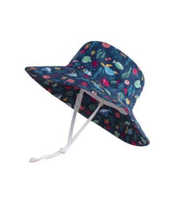 LANGZHEN Beach Sun Protection Hat for Baby Girls Adjustable Toddler Kids Hat Wide Brim Summer Play Hat with Chin Strap Undersea World-Navy 1-2 Years