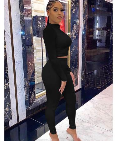 Kaximil Women's Workout Tracksuit Set - Long Sleeve Crop Top & High Waist Legging Pants - X-Large Black - Buy Online on SooperMarket.com