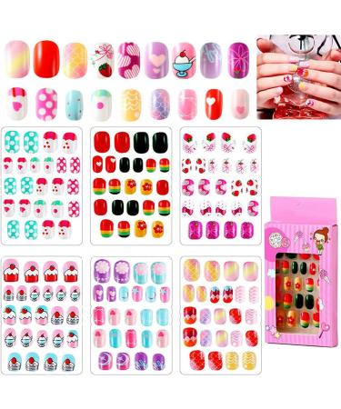 144 Pieces Kids Stick On Nails Full Cover Children False Nails Short Kids Press on Nails Sets Fake Cartoon Nails for Girls