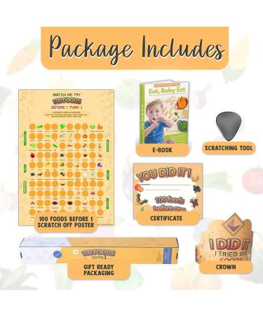 Cradle Plus 100 Foods Before 1 Scratch Off Poster with Baby Led Weaning Book - Baby Food Ideas, Tracker, Cookbook, Crown and Certificate - Yellow - Buy Online on SooperMarket.com