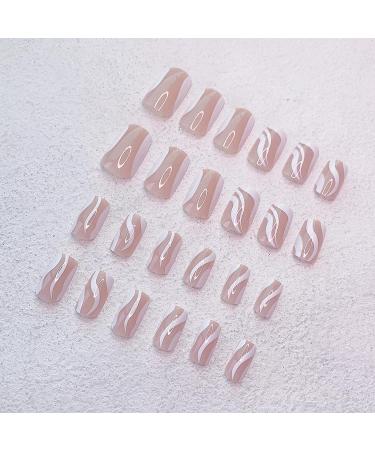 24 Pcs Short Press on Nails Luvehandicraft Glossy Coffin False Nails with Glue - Pink White Swirl | For Women and Girls | 28 Piece Set - Buy Online on SooperMarket.com