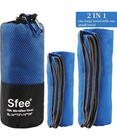Sfee 2 Pack Microfiber Travel Towel Set - Quick Dry, Super Absorbent, Lightweight - Perfect for Beach, Gym, Hiking, Pool - XL Dark Blue Towels 72x32 + 24x15 - Buy Online on SooperMarket.com
