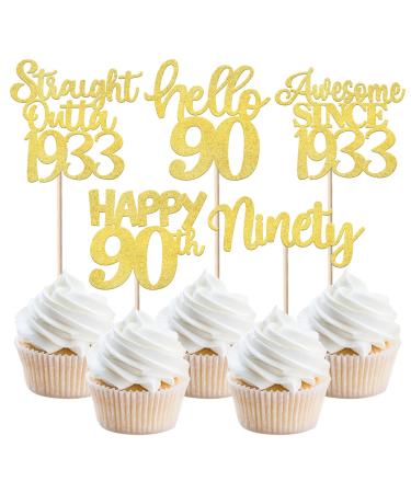 30 Pack 90th Birthday Cupcake Toppers Glitter Straight Outta 1933 Happy 90th Ninety Awesome 1933 Cupcake Picks 90 Fabulous Cake Decorations for 90th Birthday Wedding Anniversary Party Gold 90th Gold