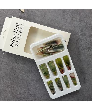 24Pcs Long Coffin Glossy Green Press on Nails with Rose Gold Foil - Full Cover Extra Long Fake Nails for Women (Style 9) - Buy Online on SooperMarket.com