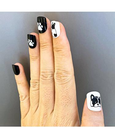 Novo Ovo Press-On Fake Nails - Short Corner Oval Black & White Dog Design | Stick-On Artificial Fingernails with Glue for Valentine's Day | Perfect for Bulldogs & Animal Lovers - Buy Online on SooperMarket.com