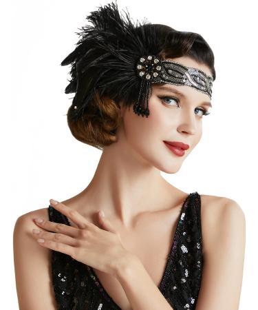 BABEYOND 1920s Vintage Headband Roaring 20s Flapper Headpiece with Feather 1920s Great Gatsby Costume Accesories (Black-2)