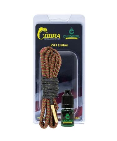 Clenzoil Field & Range 243 Cal 6mm Cobra Bore Cleaner | Gun Barrel Cleaning Kit for 6 mm, 240, 243, 244 Rifles | Brass Brush Embedded in Cotton Snake | Includes CLP Solution