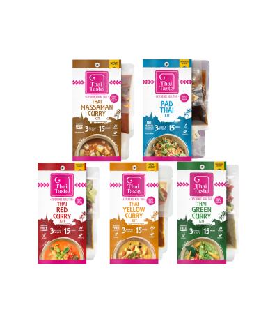 Thai Taste Meal Kit Variety Bundle Pack of 5 - Green Curry Red Curry Yellow Curry Massaman Curry & Pad Thai