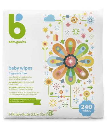 Baby Wipes, Babyganics Unscented Diaper Wipes, 240 Count, (3 Packs of 80), Non-Allergenic and formulated with Plant Derived Ingredients Wipes 80 Count (Pack of 3)