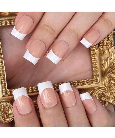 Short French False Nails Square 24PCS French Tip False Nails Gloss Nude White Fake Nails Full Cover Press on Nails with Jelly Glue Stick on Nails for Women Girls Nails Art Short Square White