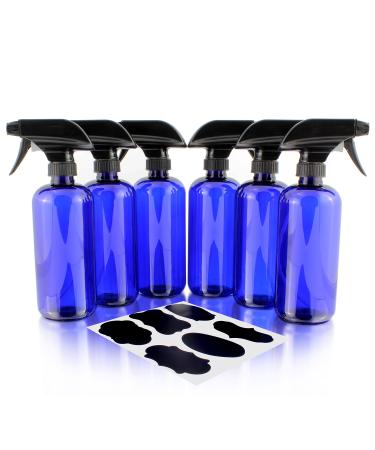 16oz Cobalt Blue PLASTIC Spray Bottles w/Heavy Duty Mist & Stream Sprayers and Chalkboard Labels (6-pack) PET #1 BPA-free, Use for Aromatherapy, DIY Cleaning, Kitchen, Hair Etc 16 ounce Cobalt Blue