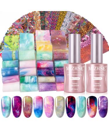 MIZHSE Nail Foil Glue Transfer Gel 18ml, with Flowers Leopard Marble Pattern Foil Sticker 40 Pcs and Push Pen Home DIY Nail Art Manicure Set